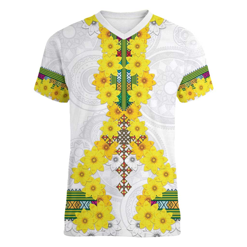 Enkutatash Ethiopia New Year Women V-Neck T-Shirt Tilet Pattern With Adey Abeba Flowers LT05 - Wonder Print Shop