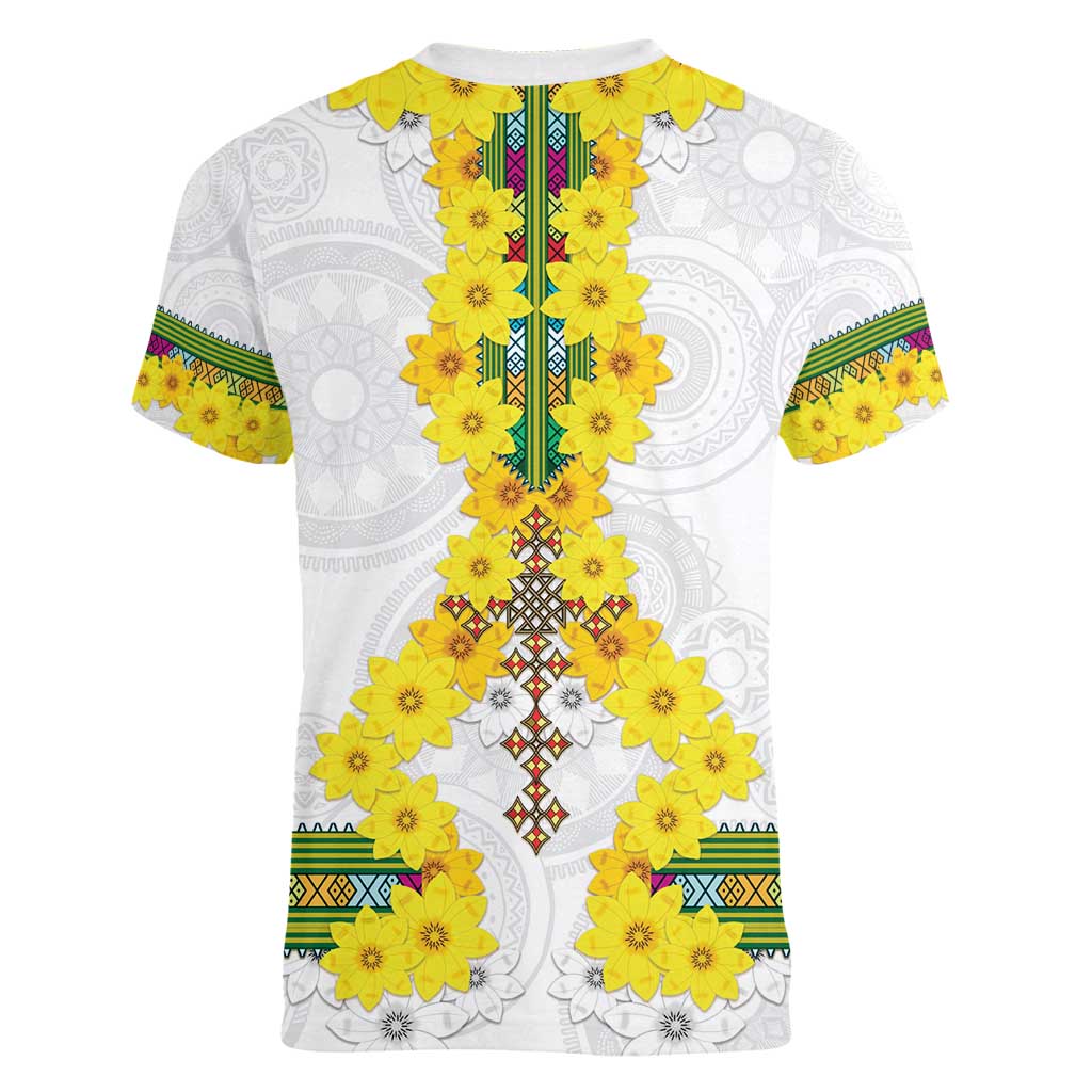 Enkutatash Ethiopia New Year Women V-Neck T-Shirt Tilet Pattern With Adey Abeba Flowers LT05 - Wonder Print Shop