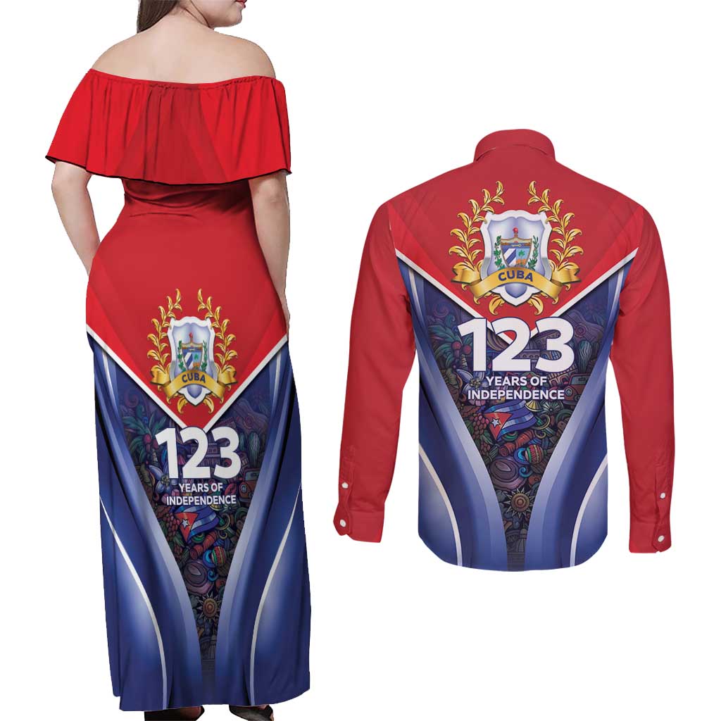 Cuba Couples Matching Off Shoulder Maxi Dress and Long Sleeve Button Shirt 123 Years Of Independence - Wonder Print Shop