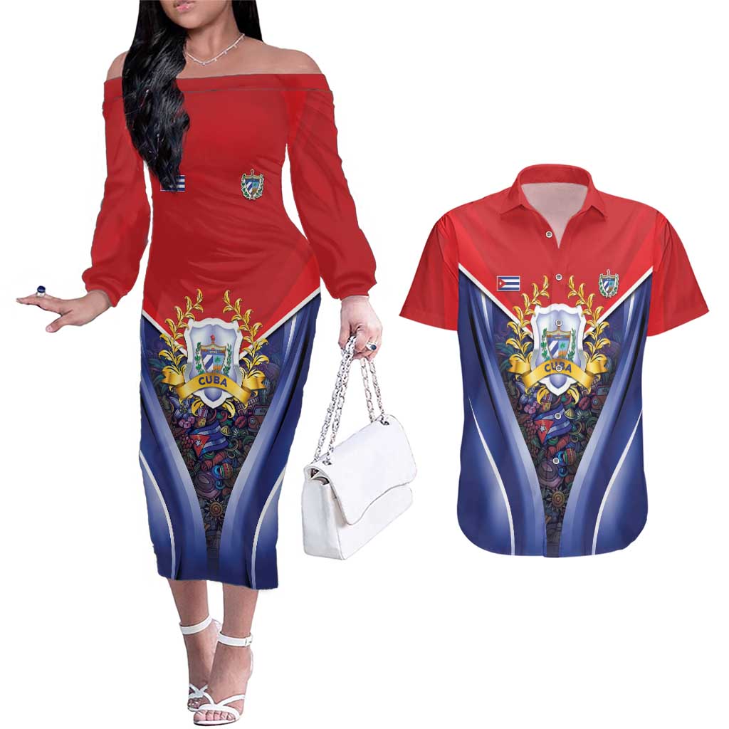 Cuba Couples Matching Off The Shoulder Long Sleeve Dress and Hawaiian Shirt 123 Years Of Independence - Wonder Print Shop