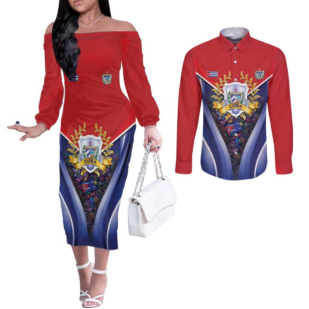 Cuba Couples Matching Off The Shoulder Long Sleeve Dress and Long Sleeve Button Shirt 123 Years Of Independence - Wonder Print Shop