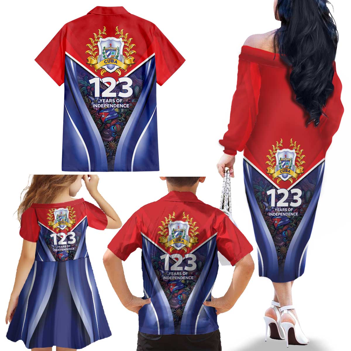 Cuba Family Matching Off The Shoulder Long Sleeve Dress and Hawaiian Shirt 123 Years Of Independence - Wonder Print Shop