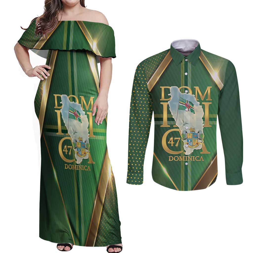 Dominica Independence Day Couples Matching Off Shoulder Maxi Dress and Long Sleeve Button Shirt 47 Years Of Freedom - Wonder Print Shop