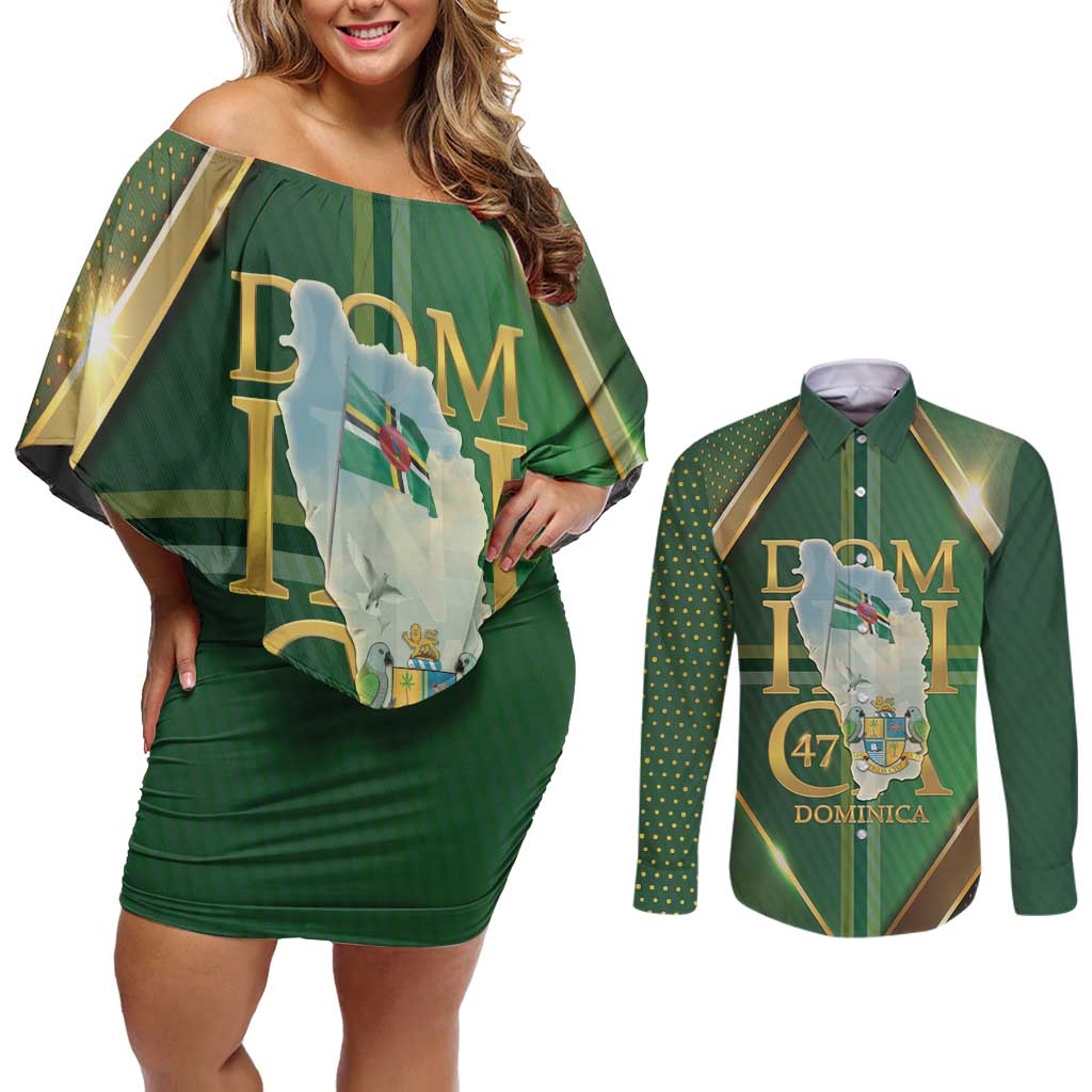 Dominica Independence Day Couples Matching Off Shoulder Short Dress and Long Sleeve Button Shirt 47 Years Of Freedom - Wonder Print Shop