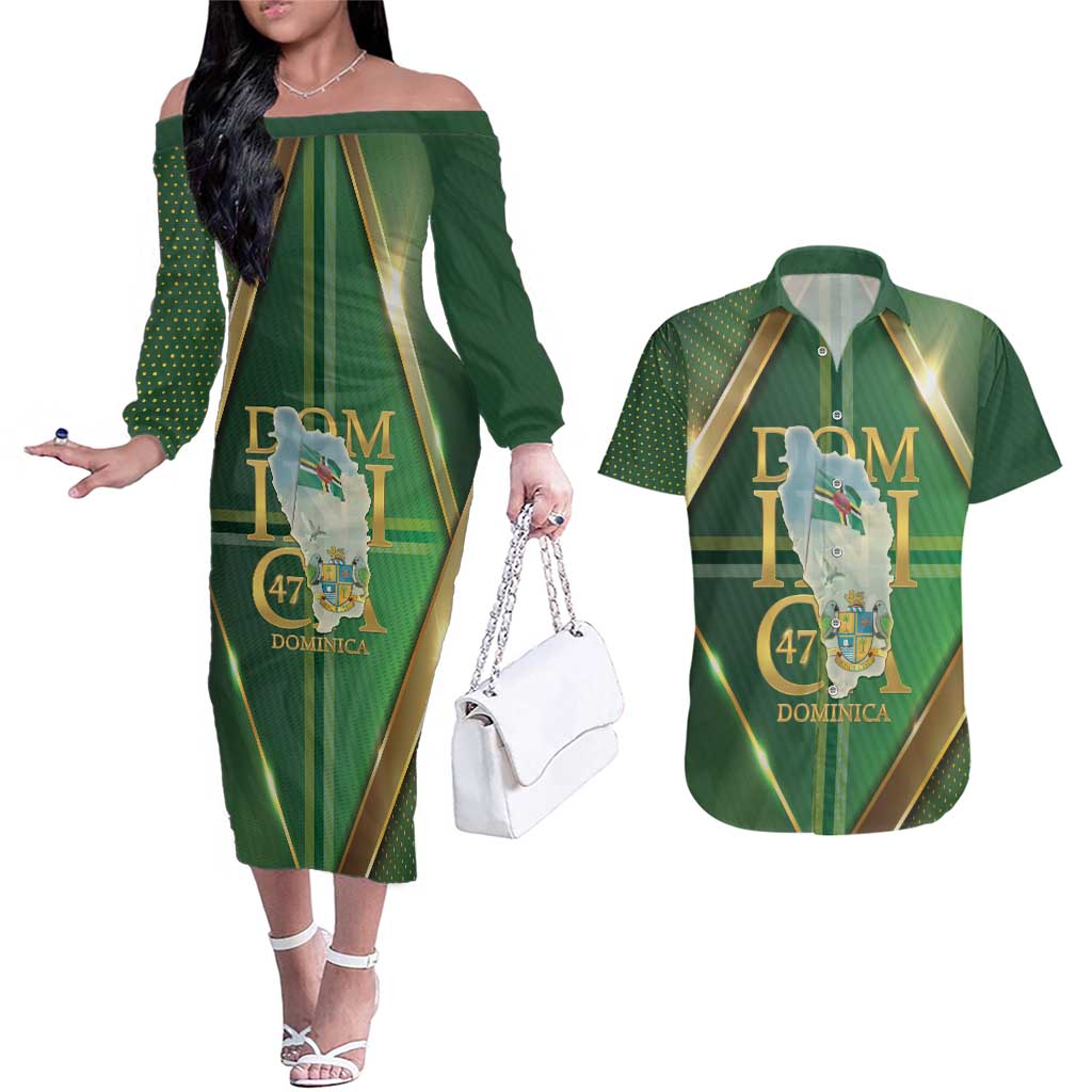 Dominica Independence Day Couples Matching Off The Shoulder Long Sleeve Dress and Hawaiian Shirt 47 Years Of Freedom - Wonder Print Shop