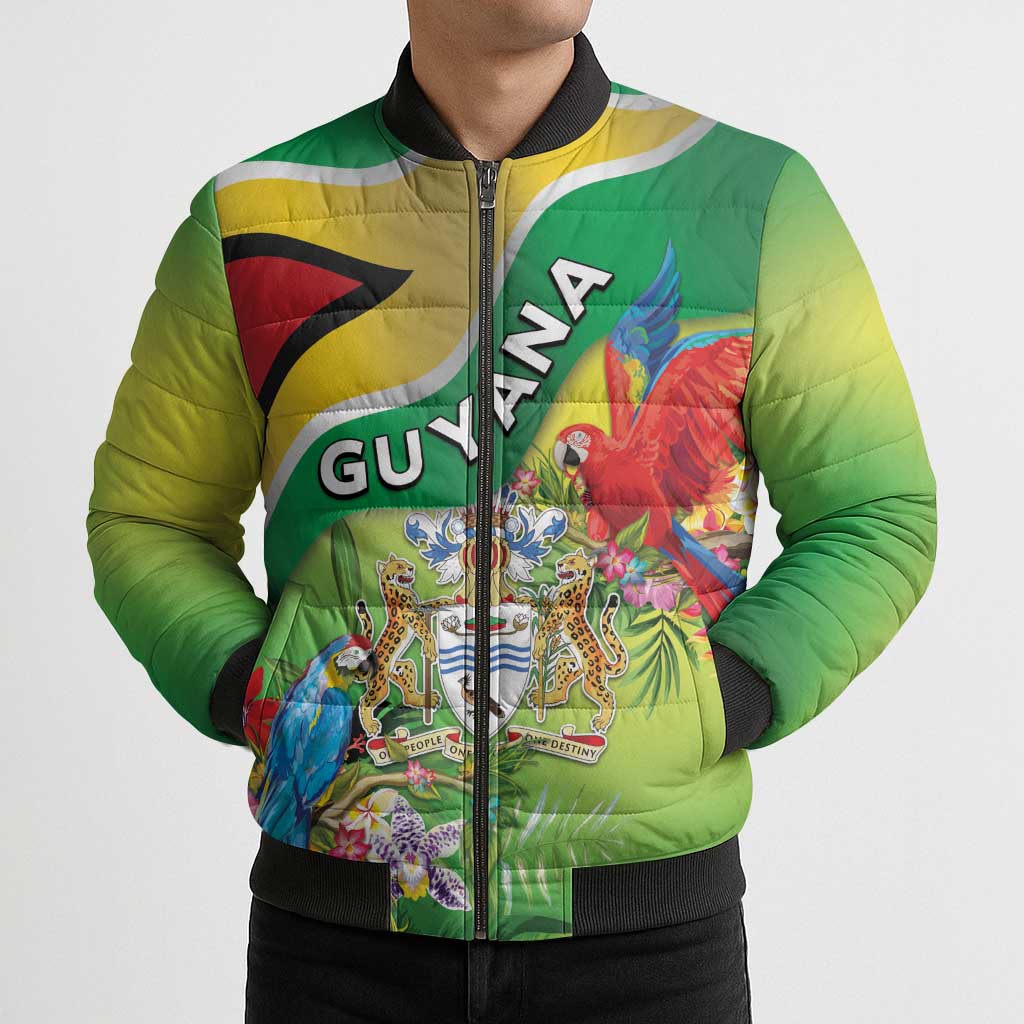 Guyana Republic Day Bomber Puffer Jacket Happy Mashramani Flag Style