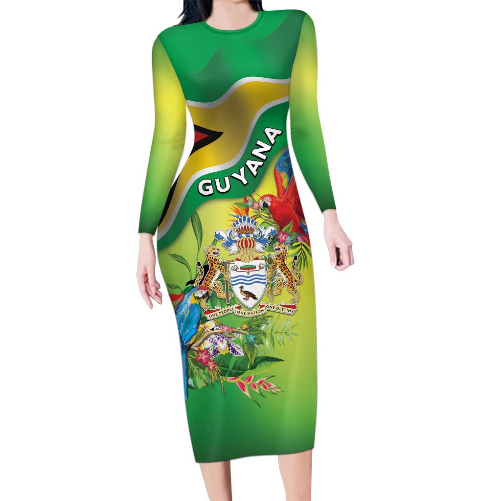 Guyana Republic Day Long Sleeve Bodycon Dress Happy Mashramani Flag Style