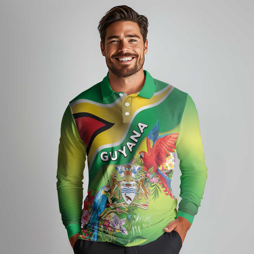 Guyana Republic Day Long Sleeve Polo Shirt Happy Mashramani Flag Style