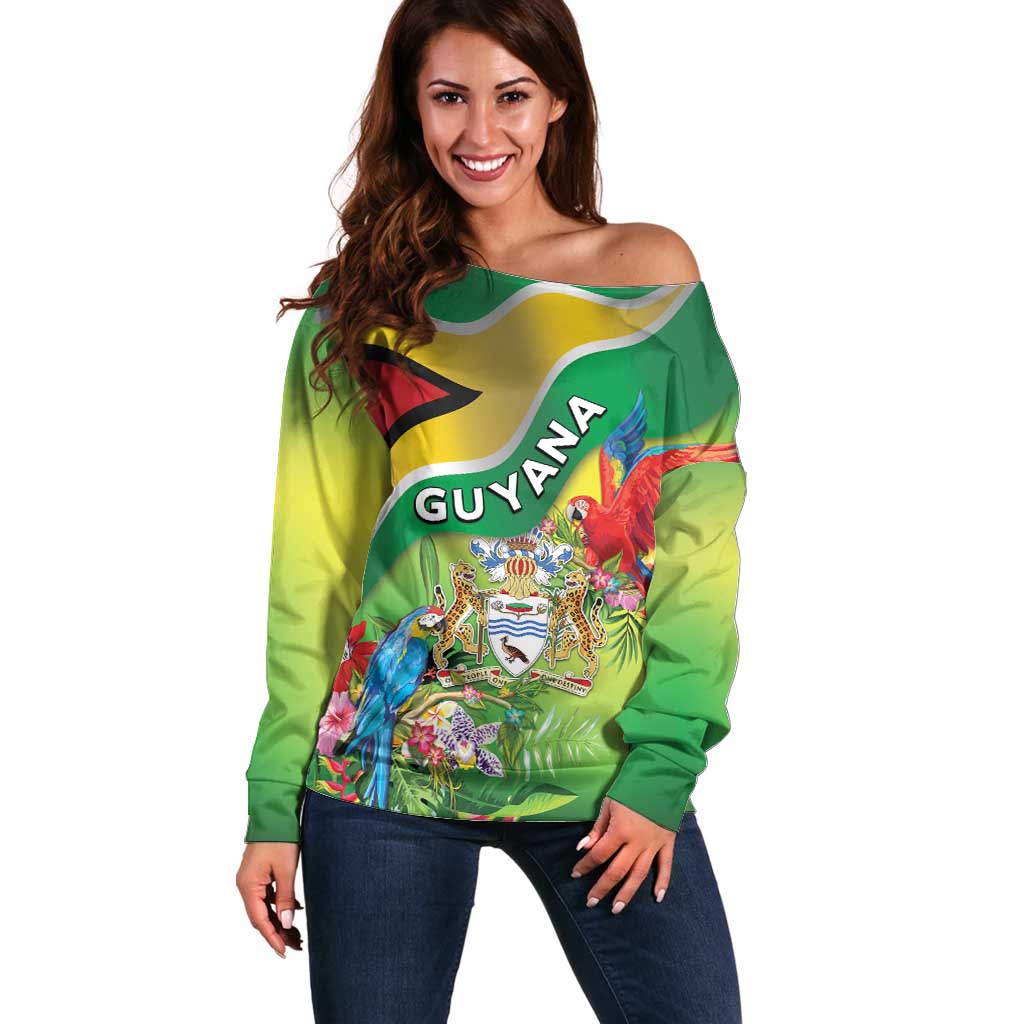 Guyana Republic Day Off Shoulder Sweater Happy Mashramani Flag Style