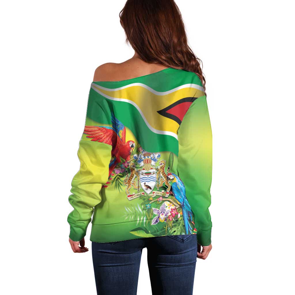 Guyana Republic Day Off Shoulder Sweater Happy Mashramani Flag Style