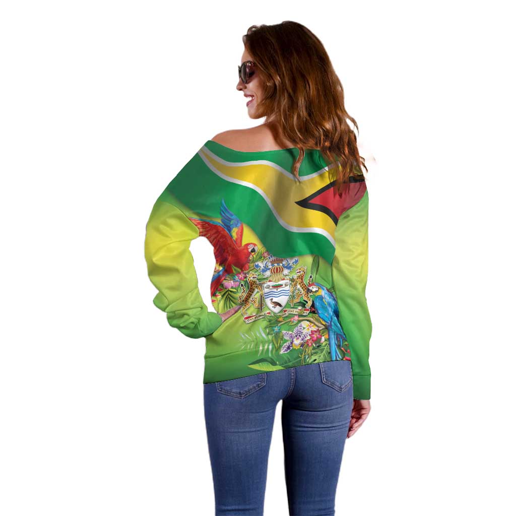 Guyana Republic Day Off Shoulder Sweater Happy Mashramani Flag Style