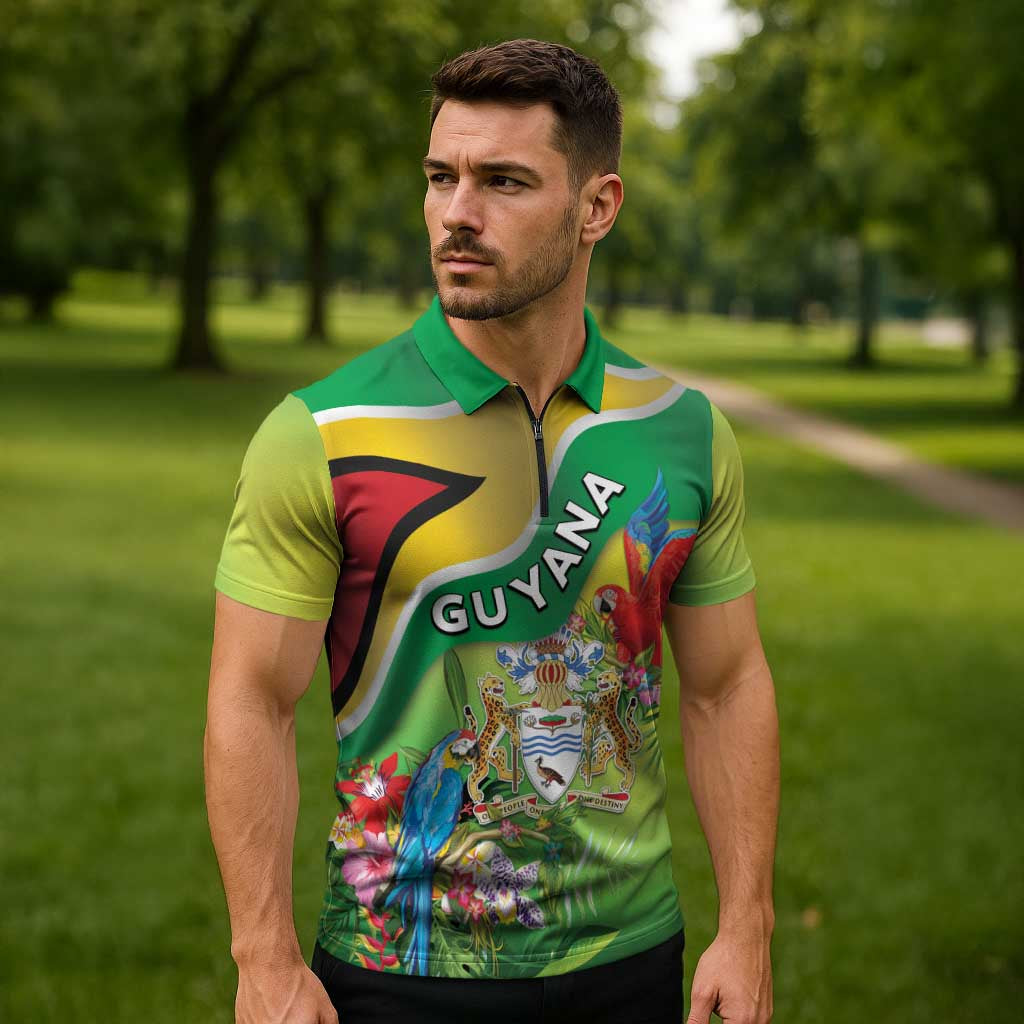 Guyana Republic Day Zipper Polo Shirt Happy Mashramani Flag Style