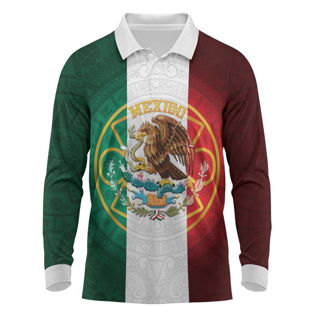 Mexico Aztec Long Sleeve Polo Shirt Flag Style