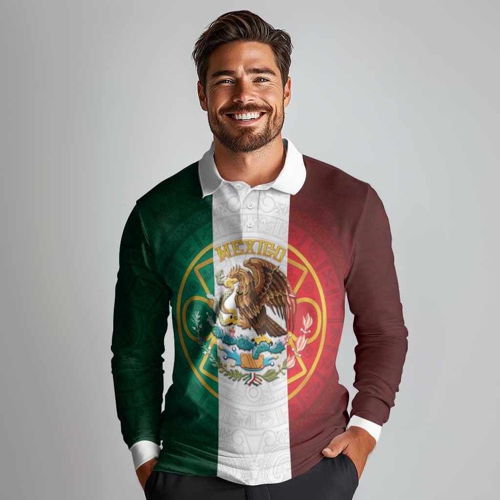 Mexico Aztec Long Sleeve Polo Shirt Flag Style