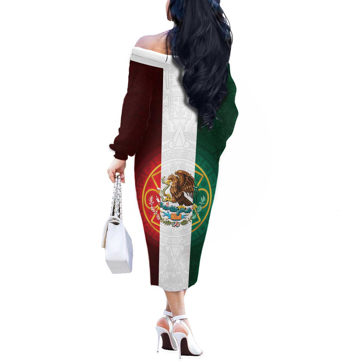 Mexico Aztec Off The Shoulder Long Sleeve Dress Flag Style
