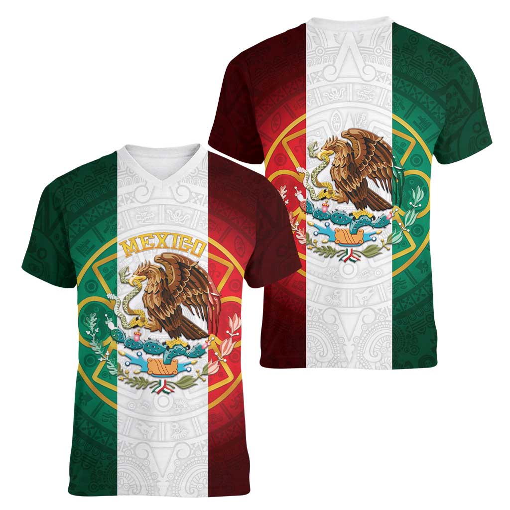 Mexico Aztec Women V-Neck T-Shirt Flag Style