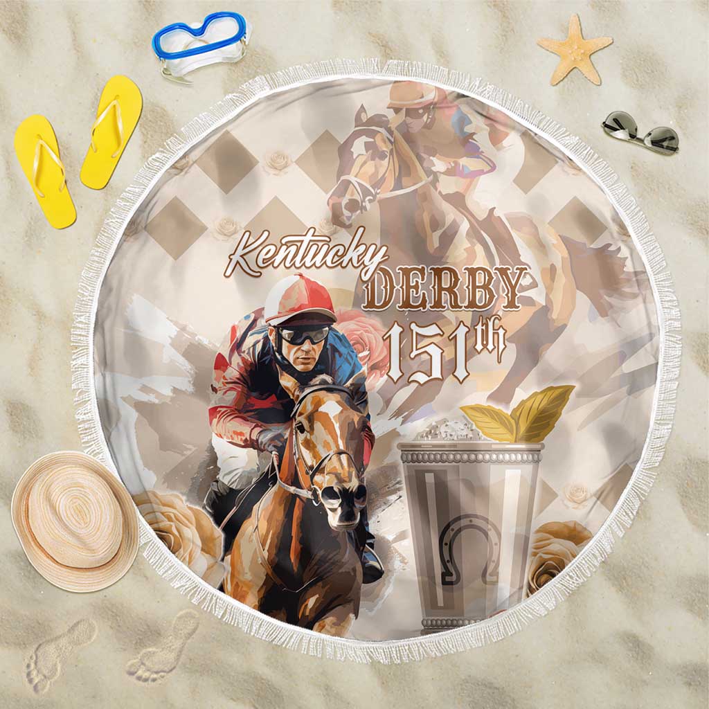 Personalized Kentucky 150th Anniversary Horse Racing Beach Blanket Mint Julep Beige Version