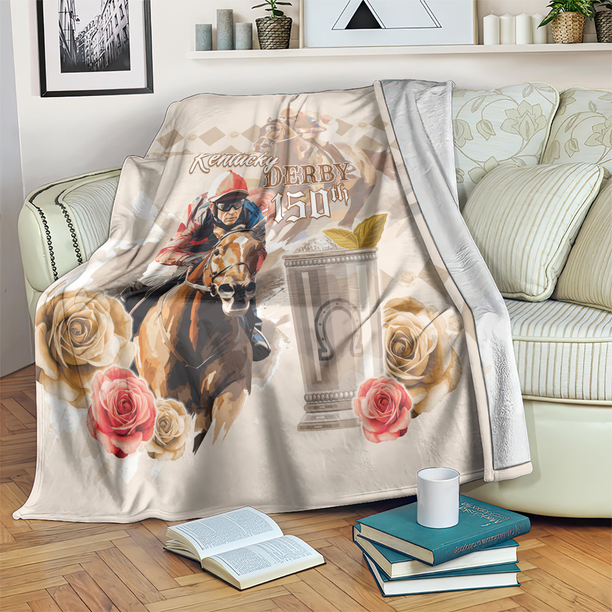 Personalized Kentucky 150th Anniversary Horse Racing Blanket Mint Julep Beige Version