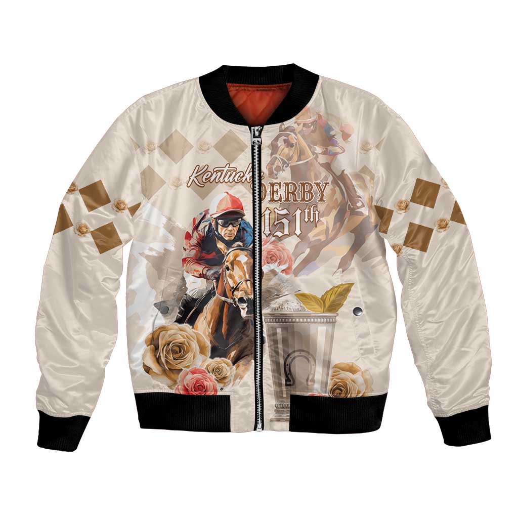 Personalized Kentucky 151st Anniversary Horse Racing Bomber Jacket Mint Julep Beige Version LT05
