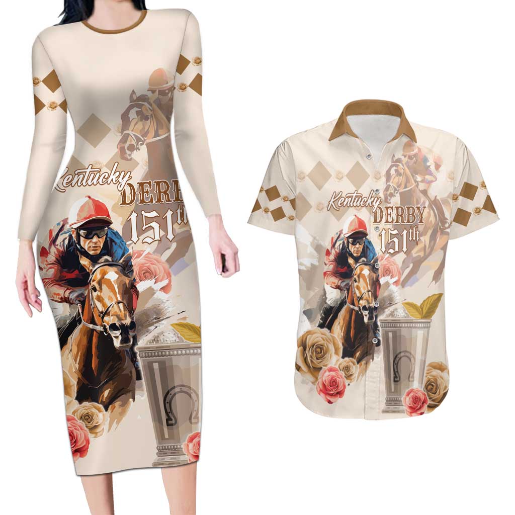 Personalized Kentucky 151st Anniversary Horse Racing Couples Matching Long Sleeve Bodycon Dress and Hawaiian Shirt Mint Julep Beige Version LT05