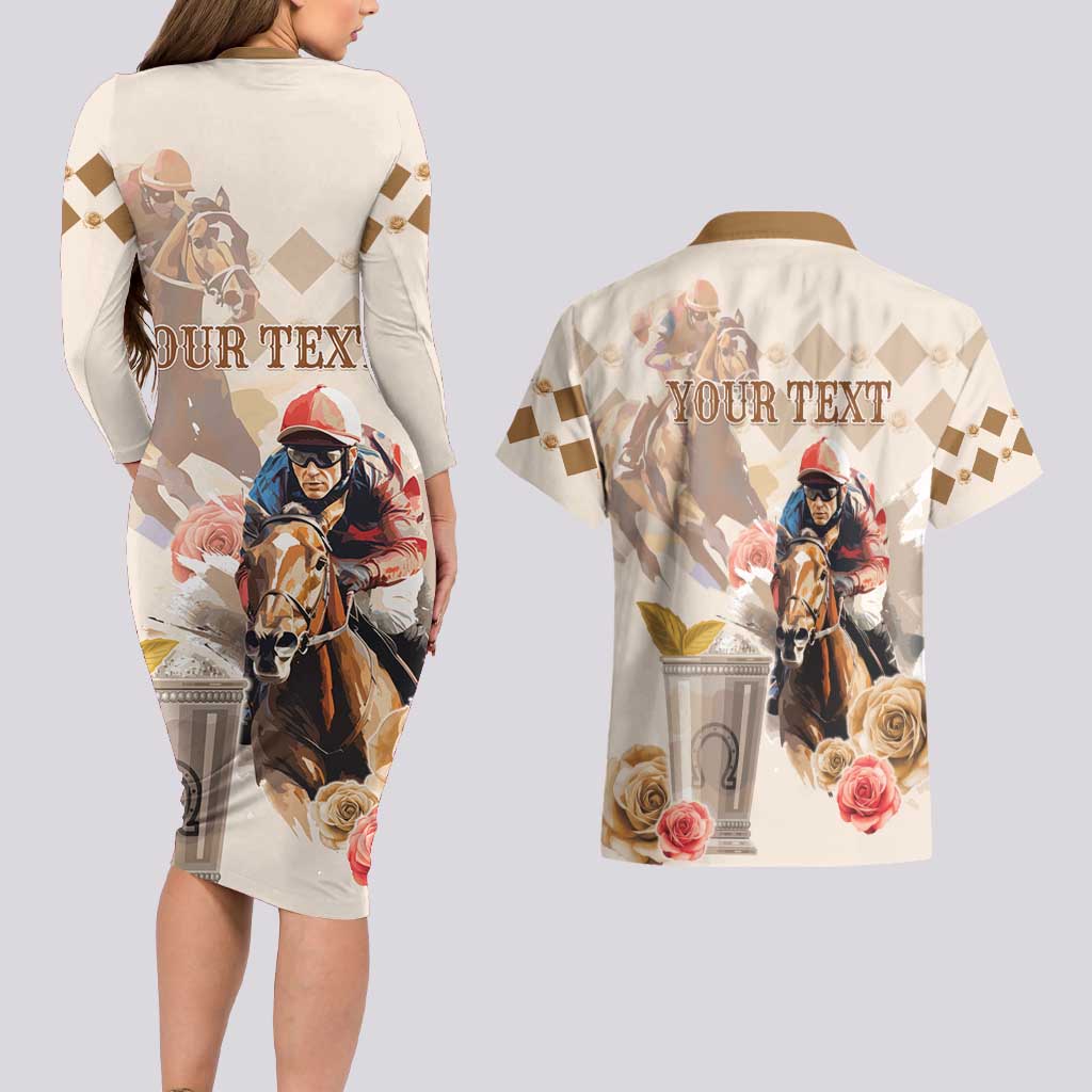 Personalized Kentucky 151st Anniversary Horse Racing Couples Matching Long Sleeve Bodycon Dress and Hawaiian Shirt Mint Julep Beige Version LT05