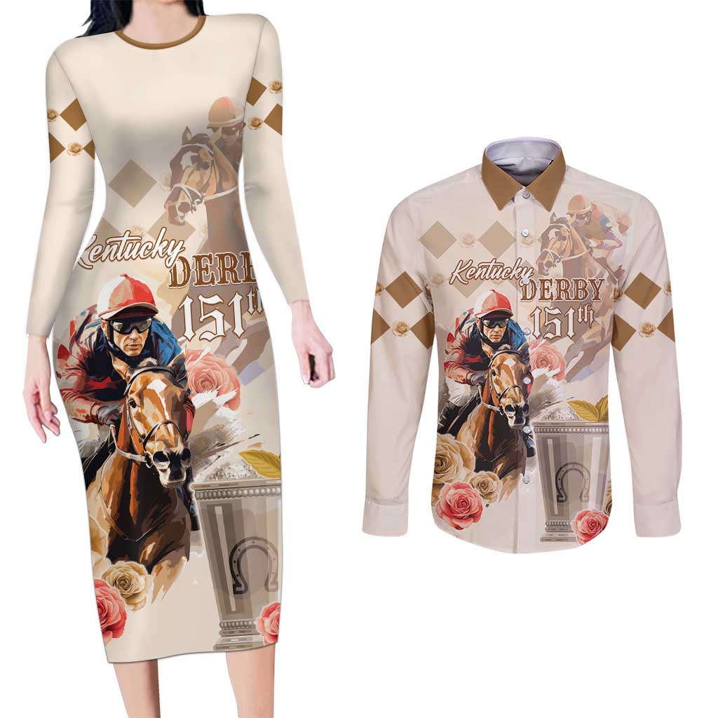 Personalized Kentucky 151st Anniversary Horse Racing Couples Matching Long Sleeve Bodycon Dress and Long Sleeve Button Shirt Mint Julep Beige Version LT05