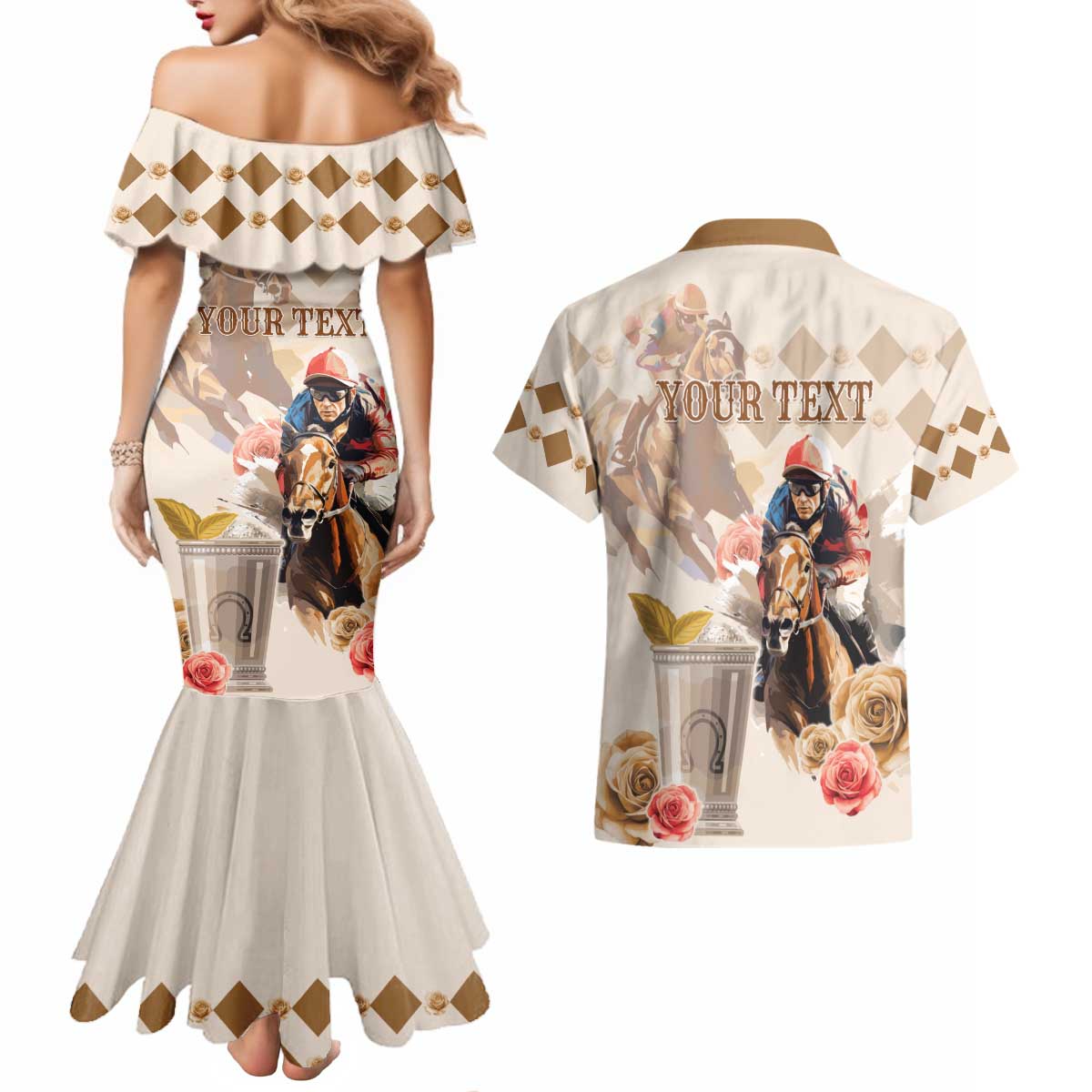 Personalized Kentucky 151st Anniversary Horse Racing Couples Matching Mermaid Dress and Hawaiian Shirt Mint Julep Beige Version LT05
