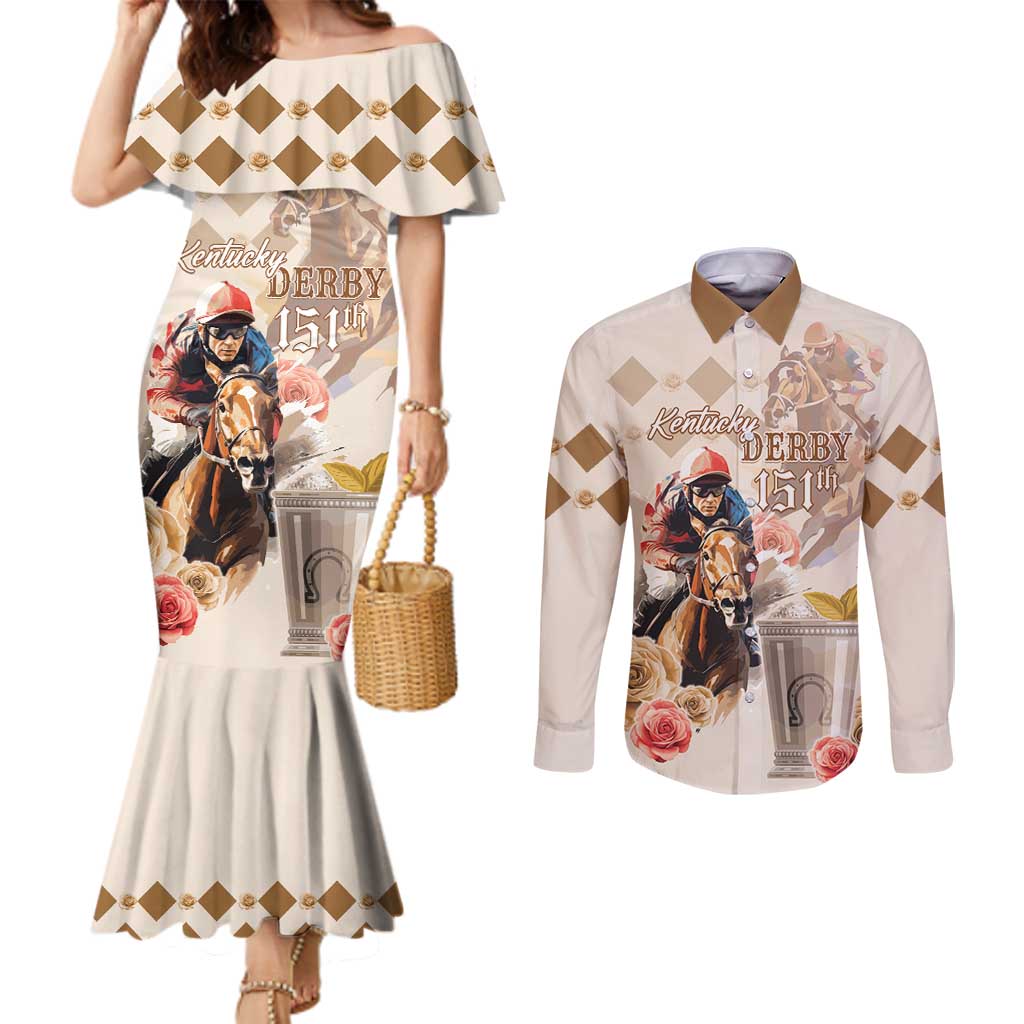 Personalized Kentucky 151st Anniversary Horse Racing Couples Matching Mermaid Dress and Long Sleeve Button Shirt Mint Julep Beige Version LT05