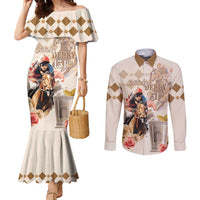 Personalized Kentucky 151st Anniversary Horse Racing Couples Matching Mermaid Dress and Long Sleeve Button Shirt Mint Julep Beige Version LT05