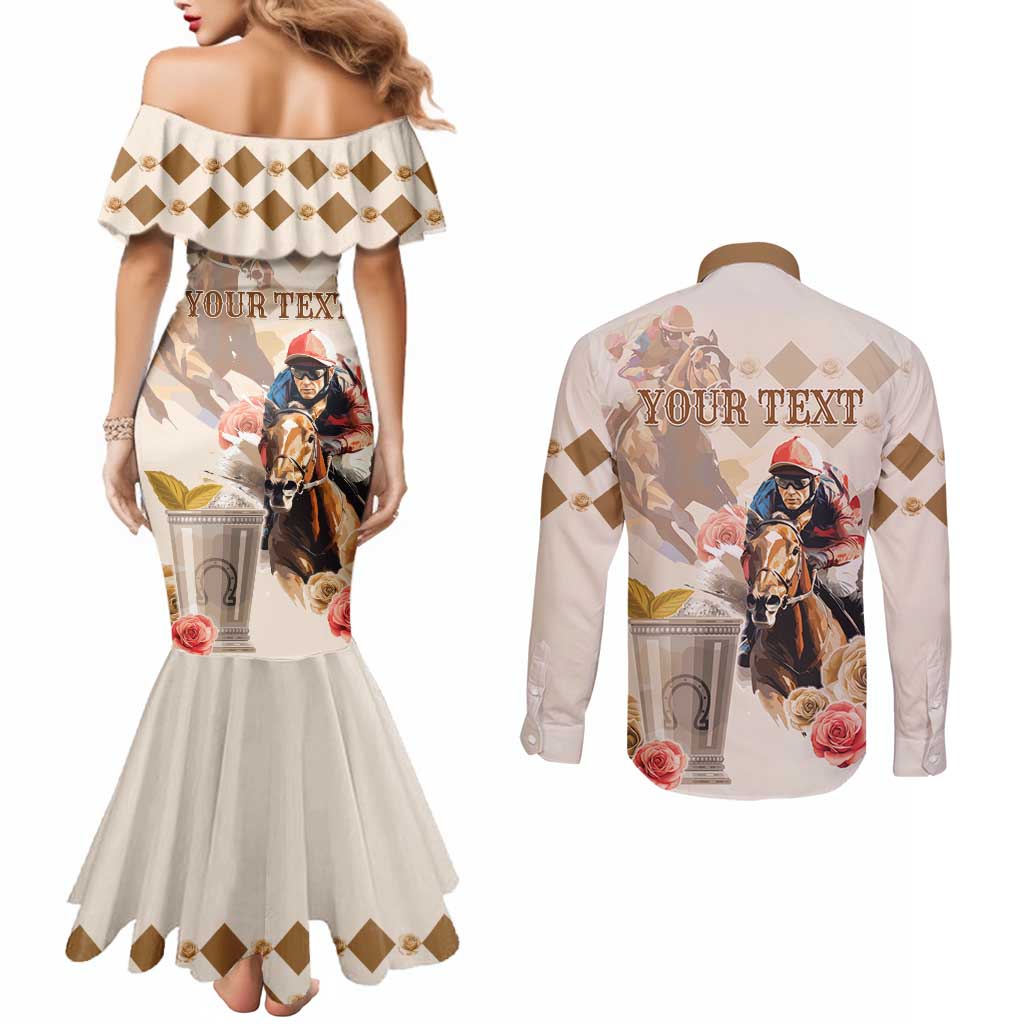 Personalized Kentucky 151st Anniversary Horse Racing Couples Matching Mermaid Dress and Long Sleeve Button Shirt Mint Julep Beige Version LT05