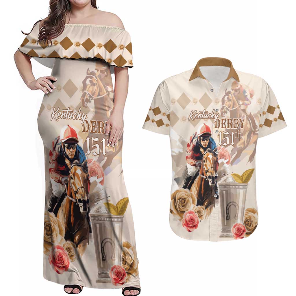 Personalized Kentucky 151st Anniversary Horse Racing Couples Matching Off Shoulder Maxi Dress and Hawaiian Shirt Mint Julep Beige Version LT05