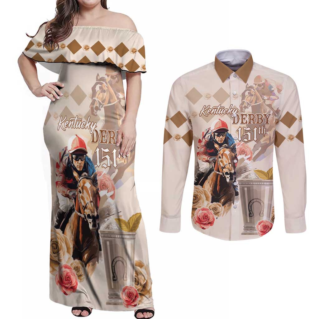 Personalized Kentucky 151st Anniversary Horse Racing Couples Matching Off Shoulder Maxi Dress and Long Sleeve Button Shirt Mint Julep Beige Version LT05