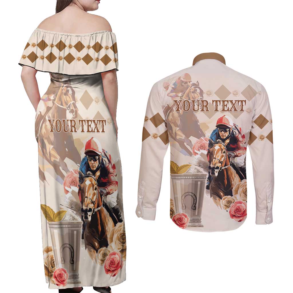 Personalized Kentucky 151st Anniversary Horse Racing Couples Matching Off Shoulder Maxi Dress and Long Sleeve Button Shirt Mint Julep Beige Version LT05