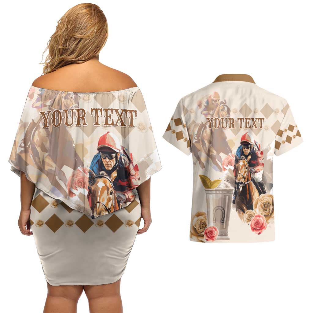 Personalized Kentucky 151st Anniversary Horse Racing Couples Matching Off Shoulder Short Dress and Hawaiian Shirt Mint Julep Beige Version LT05