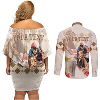 Personalized Kentucky 151st Anniversary Horse Racing Couples Matching Off Shoulder Short Dress and Long Sleeve Button Shirt Mint Julep Beige Version LT05