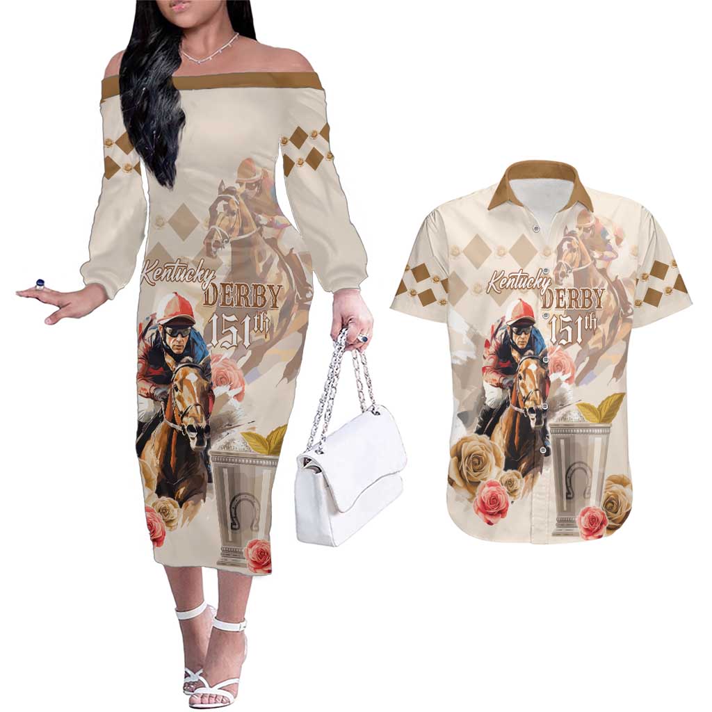 Personalized Kentucky 151st Anniversary Horse Racing Couples Matching Off The Shoulder Long Sleeve Dress and Hawaiian Shirt Mint Julep Beige Version LT05