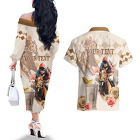Personalized Kentucky 151st Anniversary Horse Racing Couples Matching Off The Shoulder Long Sleeve Dress and Hawaiian Shirt Mint Julep Beige Version LT05