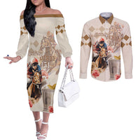 Personalized Kentucky 151st Anniversary Horse Racing Couples Matching Off The Shoulder Long Sleeve Dress and Long Sleeve Button Shirt Mint Julep Beige Version LT05