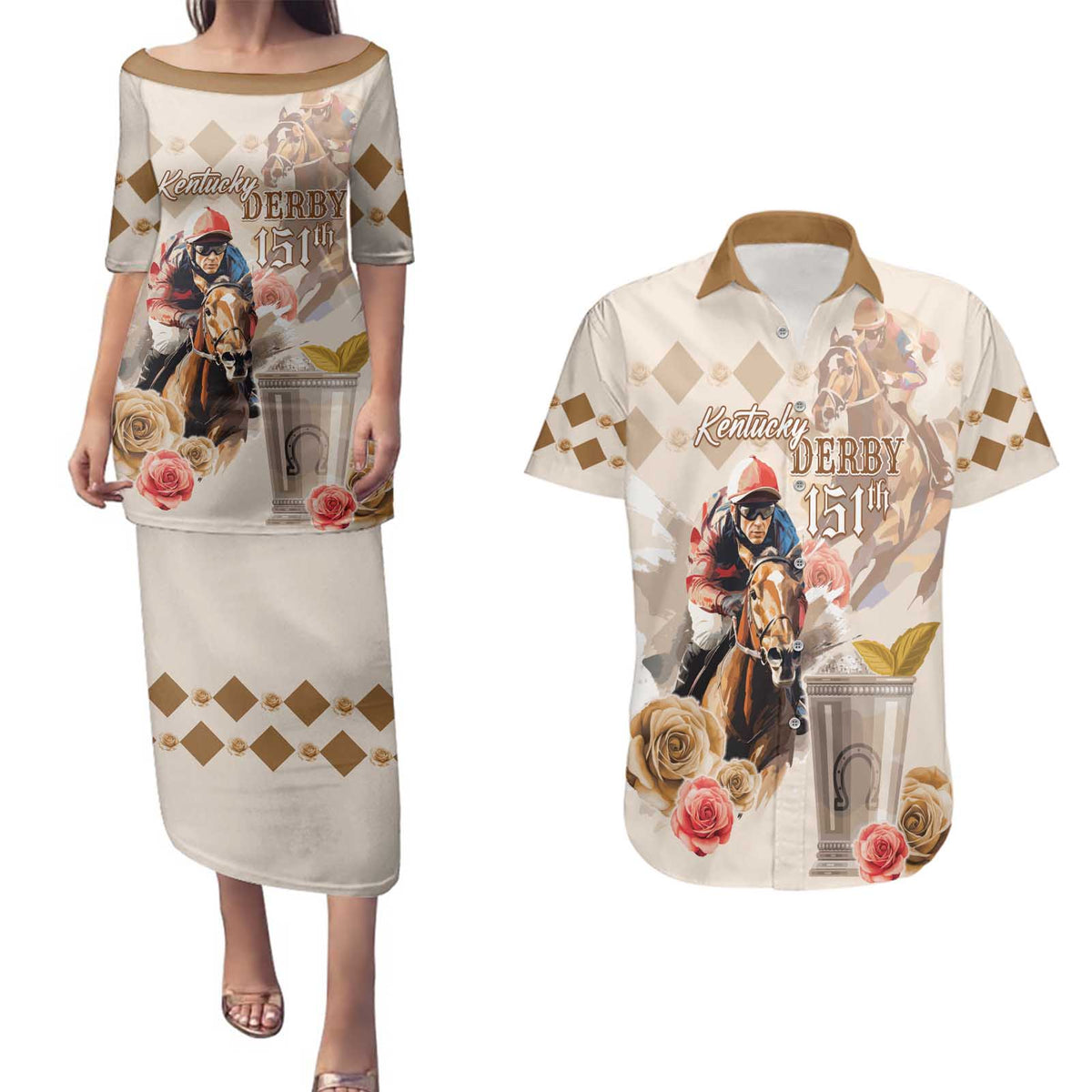 Personalized Kentucky 151st Anniversary Horse Racing Couples Matching Puletasi and Hawaiian Shirt Mint Julep Beige Version LT05