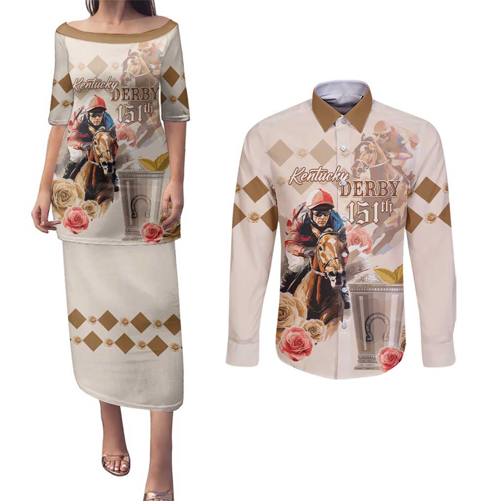 Personalized Kentucky 151st Anniversary Horse Racing Couples Matching Puletasi and Long Sleeve Button Shirt Mint Julep Beige Version LT05