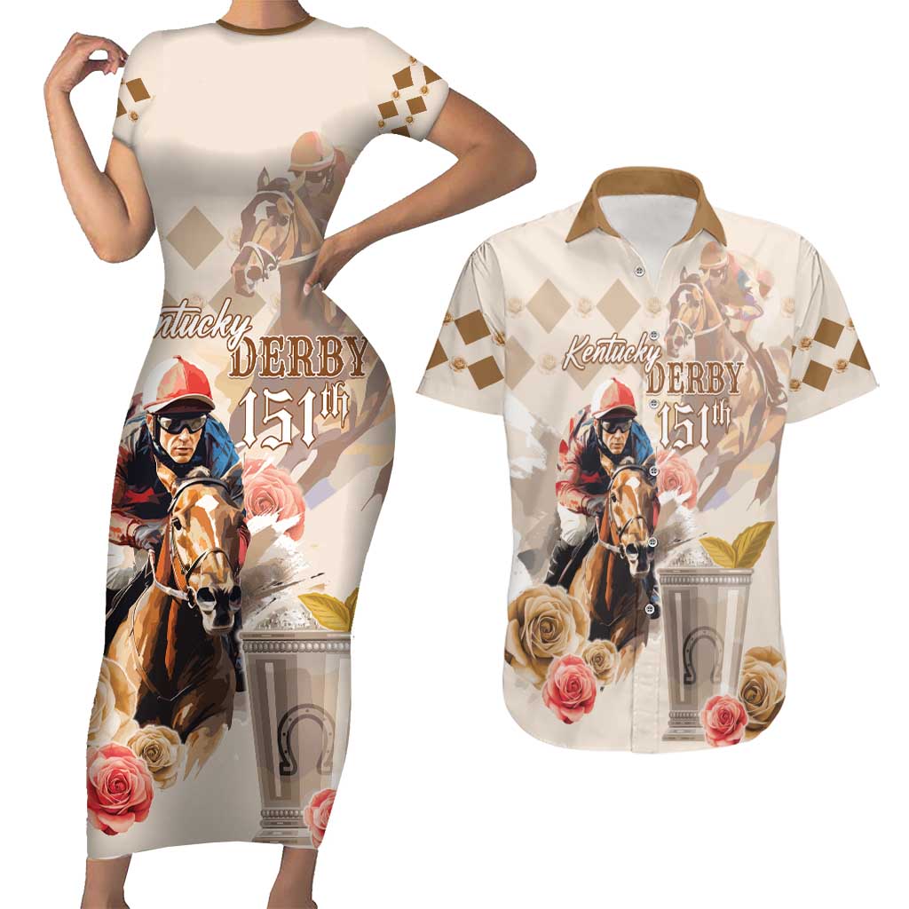 Personalized Kentucky 151st Anniversary Horse Racing Couples Matching Short Sleeve Bodycon Dress and Hawaiian Shirt Mint Julep Beige Version LT05