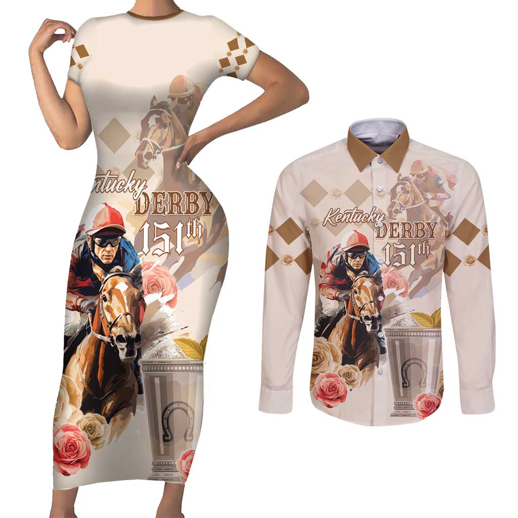 Personalized Kentucky 151st Anniversary Horse Racing Couples Matching Short Sleeve Bodycon Dress and Long Sleeve Button Shirt Mint Julep Beige Version LT05
