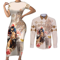 Personalized Kentucky 151st Anniversary Horse Racing Couples Matching Short Sleeve Bodycon Dress and Long Sleeve Button Shirt Mint Julep Beige Version LT05