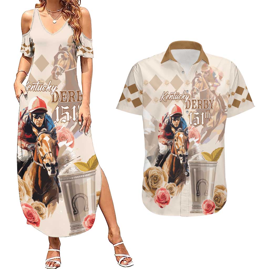 Personalized Kentucky 151st Anniversary Horse Racing Couples Matching Summer Maxi Dress and Hawaiian Shirt Mint Julep Beige Version LT05