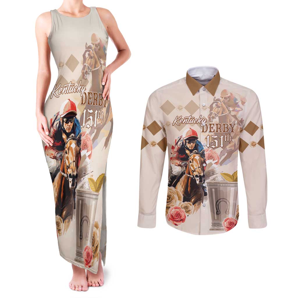 Personalized Kentucky 151st Anniversary Horse Racing Couples Matching Tank Maxi Dress and Long Sleeve Button Shirt Mint Julep Beige Version LT05
