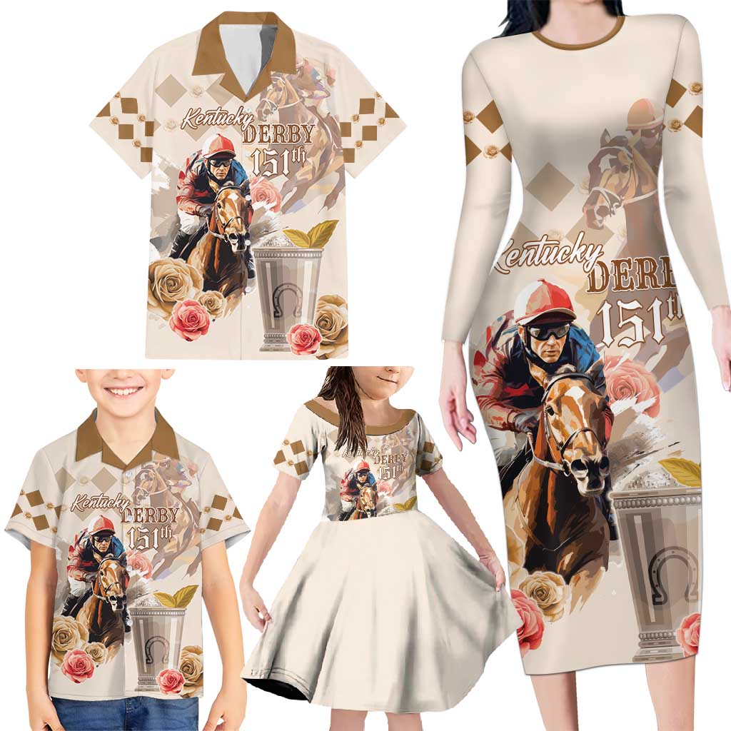 Personalized Kentucky 151st Anniversary Horse Racing Family Matching Long Sleeve Bodycon Dress and Hawaiian Shirt Mint Julep Beige Version LT05