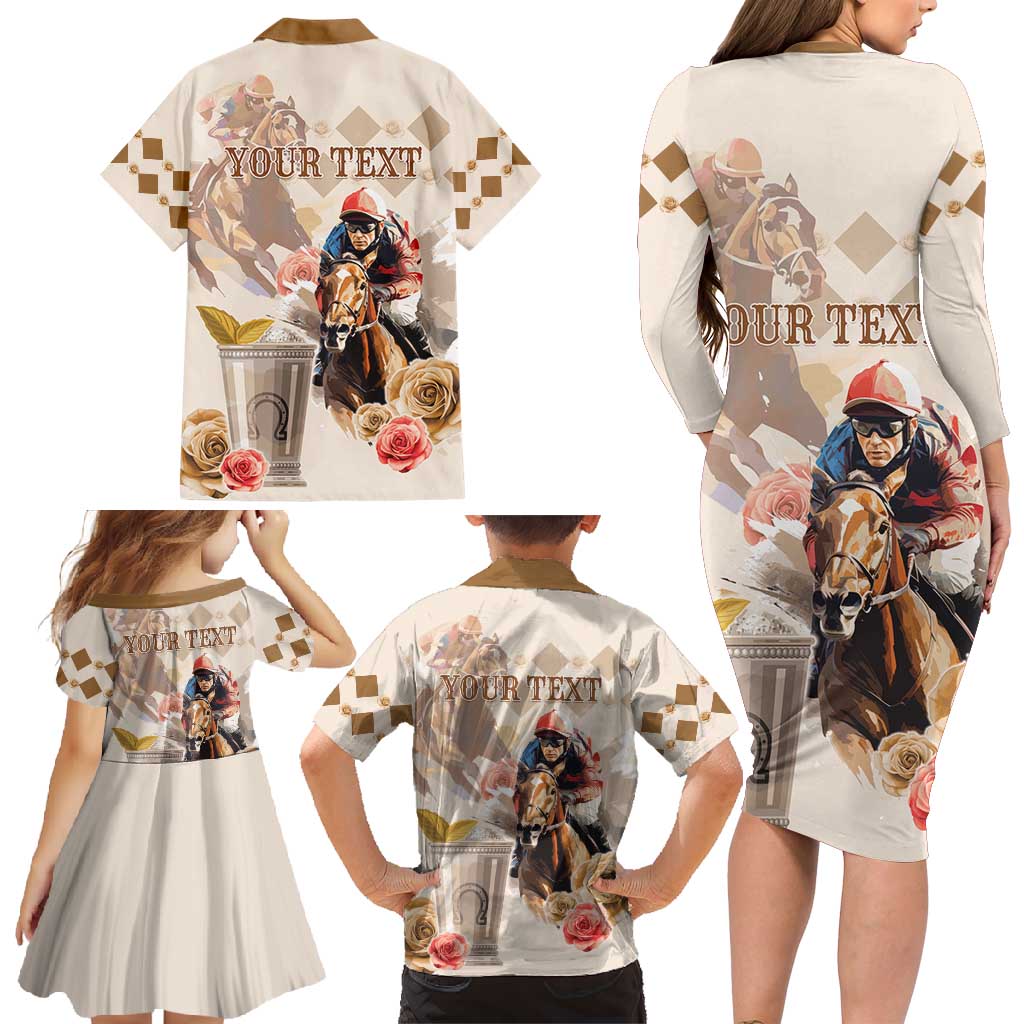 Personalized Kentucky 151st Anniversary Horse Racing Family Matching Long Sleeve Bodycon Dress and Hawaiian Shirt Mint Julep Beige Version LT05