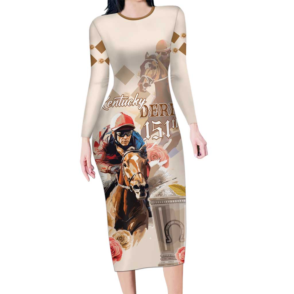 Personalized Kentucky 151st Anniversary Horse Racing Family Matching Long Sleeve Bodycon Dress and Hawaiian Shirt Mint Julep Beige Version LT05