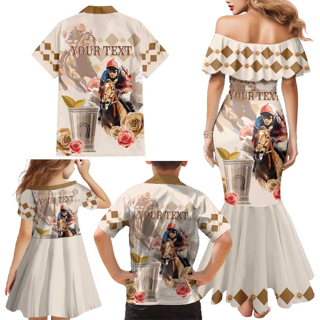 Personalized Kentucky 151st Anniversary Horse Racing Family Matching Mermaid Dress and Hawaiian Shirt Mint Julep Beige Version LT05