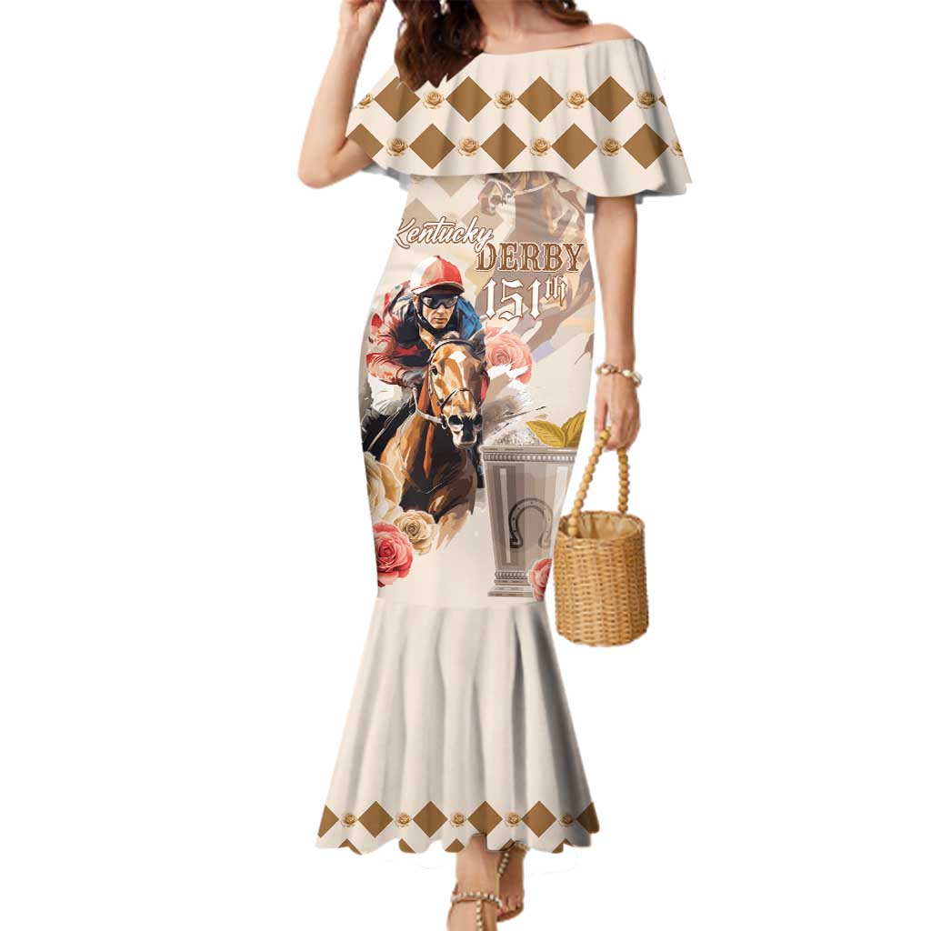 Personalized Kentucky 151st Anniversary Horse Racing Family Matching Mermaid Dress and Hawaiian Shirt Mint Julep Beige Version LT05